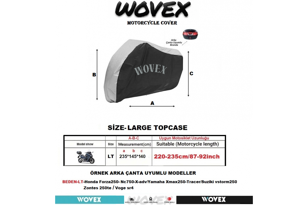 Wovex Gri Siyah Kombinasyonlu Motosiklet Brandası Topcase Arka Çanta Uyumlu Su Geçirmez Uv Korumalı Motor Branda