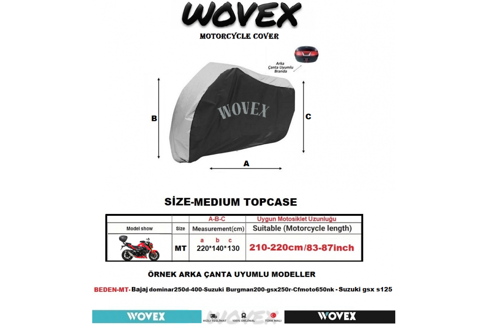 Wovex Gri Siyah Kombinasyonlu Motosiklet Brandası Topcase Arka Çanta Uyumlu Su Geçirmez Uv Korumalı Motor Branda