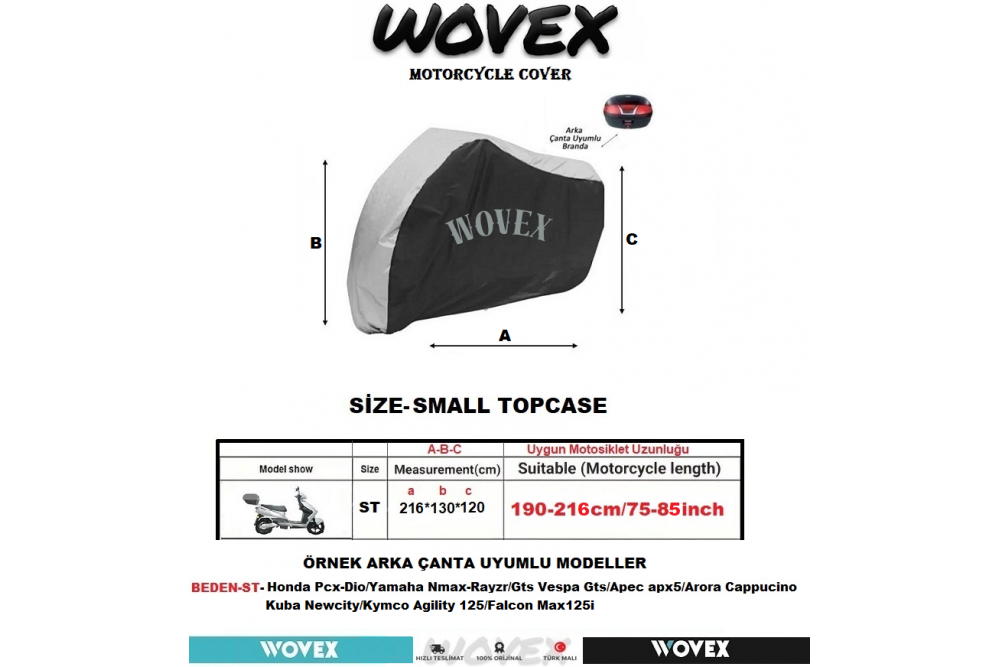 Wovex Gri Siyah Kombinasyonlu Motosiklet Brandası Topcase Arka Çanta Uyumlu Su Geçirmez Uv Korumalı Motor Branda