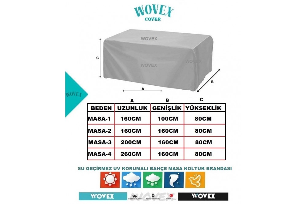 Wovex Bahçe Mobilya Brandası Masa Sandalye Koruma Örtüsü Kılıf Seçenekli Bedenli Su Geçirmez Branda