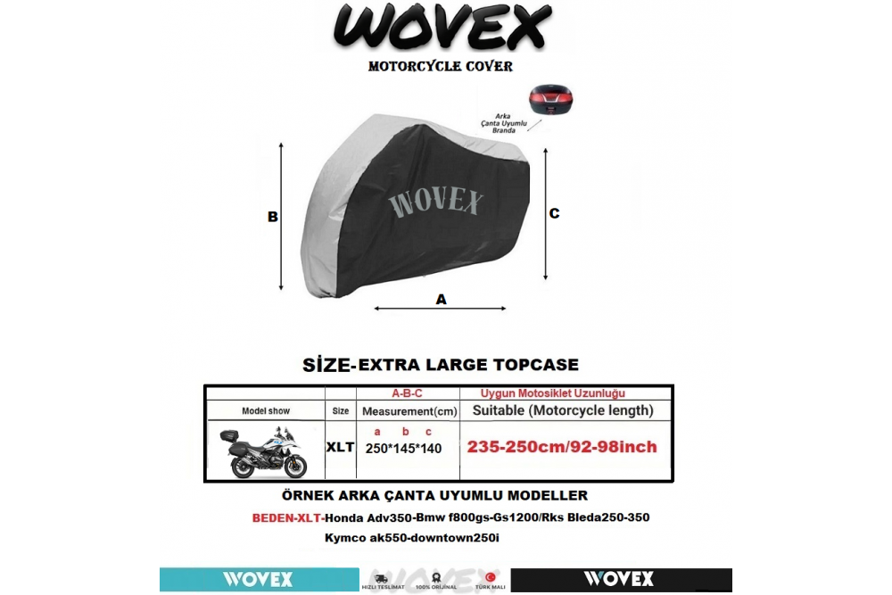 Wovex Gri Siyah Kombinasyonlu Motosiklet Brandası Topcase Arka Çanta Uyumlu Su Geçirmez Uv Korumalı Motor Branda